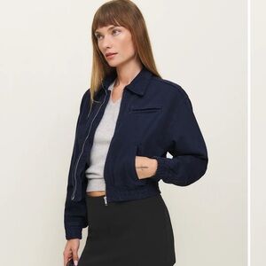 Reformation Kinsley Denim Cropped Bomber Jacket Blue - Size XS